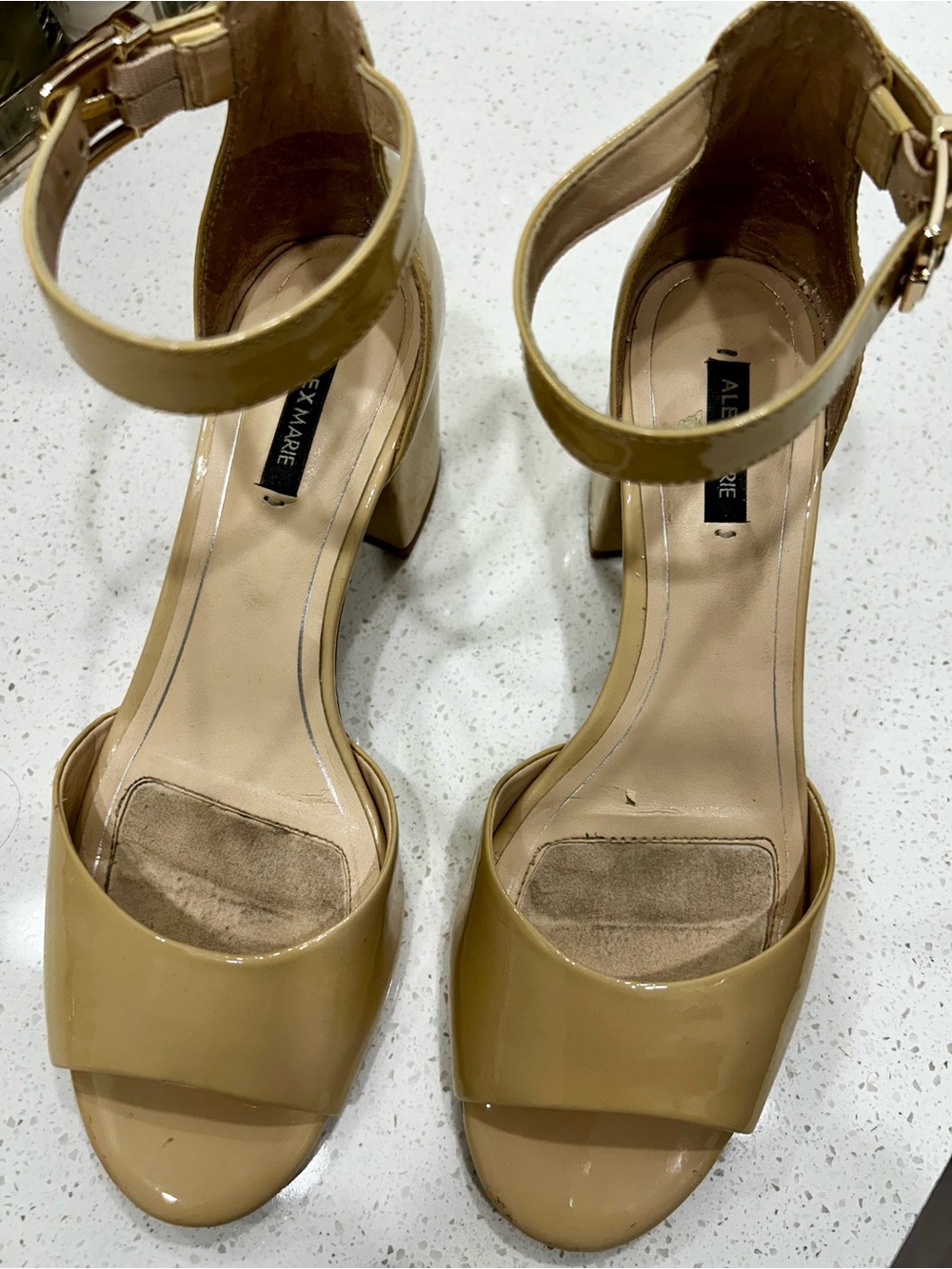 Alex Marie Nude Patent Ankle-Strap Block Sandals
